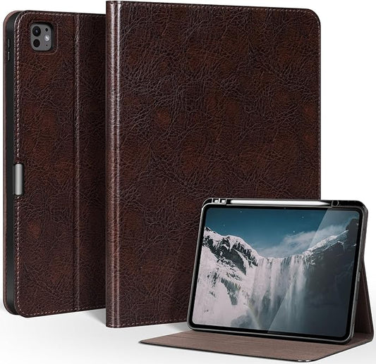 Genuine Leather Case for iPad Pro 13 Inch M5 2025 / M4 2024 Premium Folio Cover with Pencil Holder Auto Wake/Sleep &amp Adjustable Stand - Vintage Moka Brown