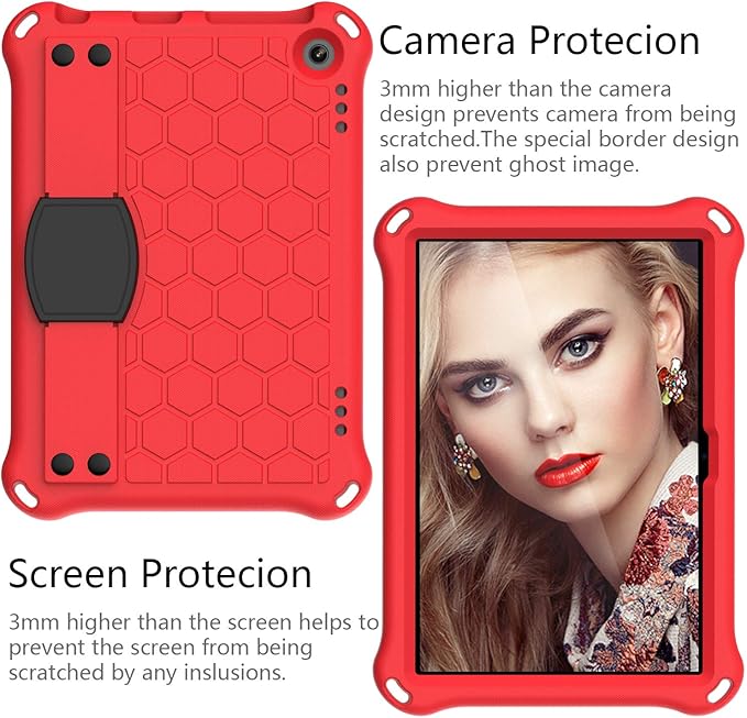 Bumper Case for Fire HD 8/Plus 10th Gen (2020 Only) Techcircle Shockproof Hand Belt Stand Cover Kids EVA Foam Honeycomb Protective Case with Shoulder Strap Handle Light Cover Red