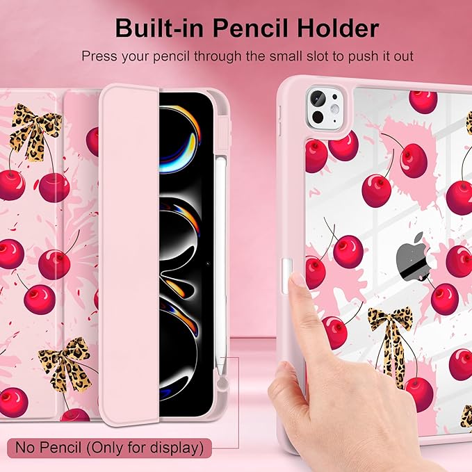 Case for iPad Pro 11 Inch (M5 2025 M4 2024) – [Built-in Pencil Holder] Shockproof &amp Stylish Clear Hard Back + Soft TPU Edge Magnetic Trifold Stand Auto Wake/Sleep Cherry &amp Leopard