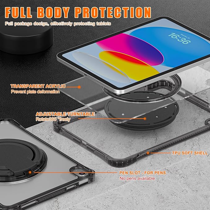 for iPad (A16) 11th/ iPad 10th Generation Case with 360° Rotating Kickstand Handle Shoulder Strap Pencil Holder 2 in 1 Protective Clear Back Cover for iPad 2025 11 inch/iPad 2022 10.9 inch Black