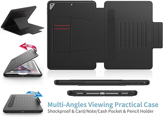 SEYMAC stock Case for iPad 6th/5th Generation/Air 2/Pro 9.7'' Strong Magnetic Auto Sleep Shockproof Case with Absorbing Multi-Angles Stand Pen Holder Card Slot (Black)