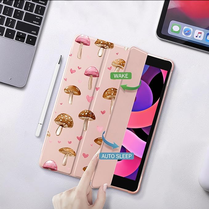 Idocolors Case for iPad 11 inch (A16 Chip) 2025 Generation 11th / iPad 10.9 inch 2022 10th Gen Built-in Pencil Holder with Soft TPU Shockproof Back Shell Auto Wake/Sleep Mushroom-Pink