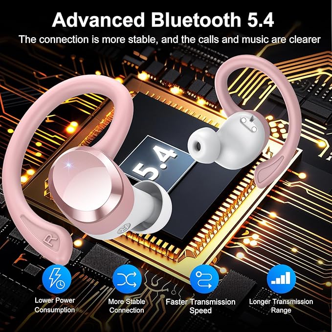 sprtoybat Wireless Earbuds 2026 New Bluetooth 5.4 Headphones Sport Earphones with 68Hrs Playtime LED Display ENC Noise Cancelling Mic IPX7 Waterproof Over Ear Ear Buds with Hook for Sports/Running