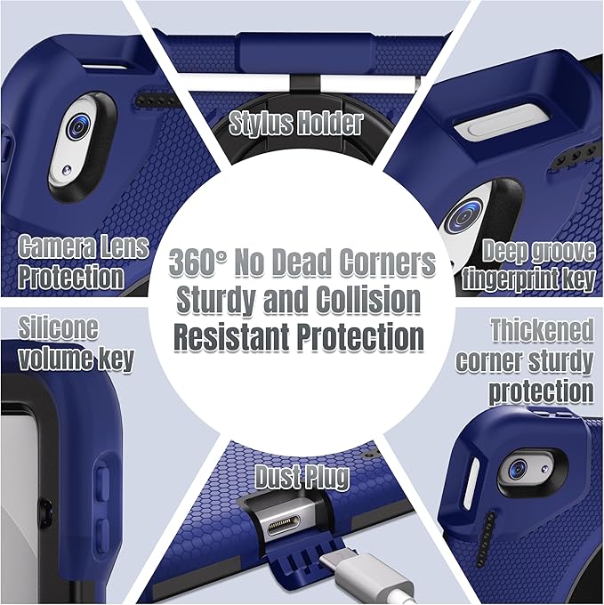 Case for iPad (A16) 11th /10th Generation 11/10.9 Inch 2025/2022 with Screen Protector/360° Rotate Stand/Shoulder Strap/Pencil Holder Shockproof iPad 11th/10th Gen Cover (Navy+Black)