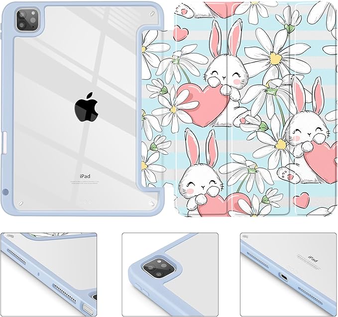 May Chen for iPad Pro 11 inch M2 4th Generation 2022 iPad Pro 11 3rd/2nd/1st Gen Built-in Pencil Holder with Shockproof Cover Clear Transparent Back Shell Auto Wake/Sleep Heart Rabbits