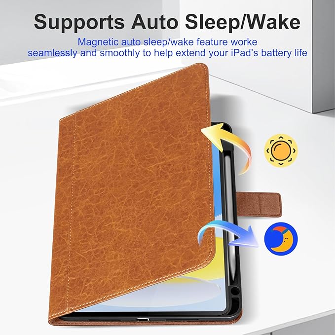 Leather Case for iPad A16 11th Gen 11 InchiPad 10th Gen. 10.9 Inch Premium Leather Folio Cover with Apple Pencil Holder Auto Wake/Sleep Adjustable Stand Magnetic ClosureLight Brown