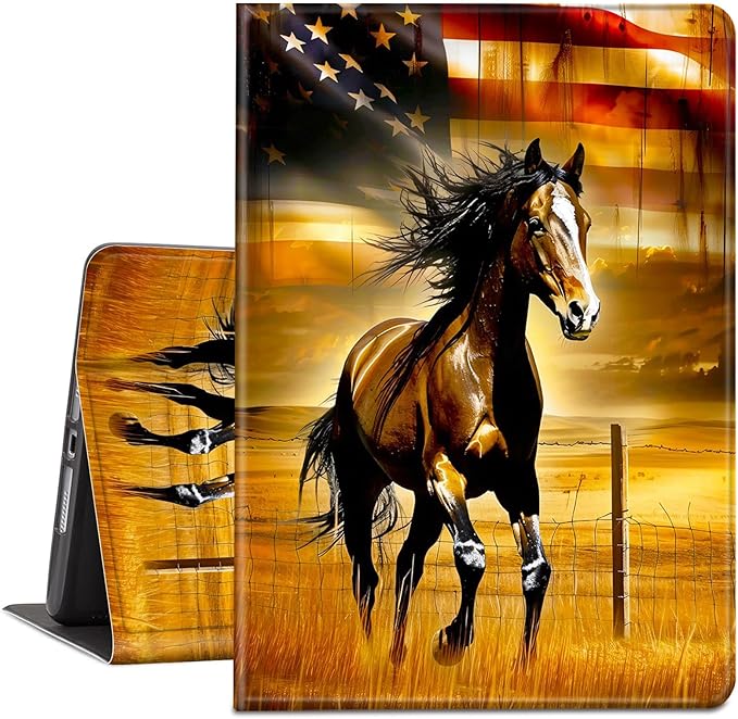 Case for Amazon Kindle Fire HD 10 and Fire HD 10 Plus 10.1 Tablet Case (13th/11th Generation 2023/2021 Release) Slim Fit PU Leather Cover with Auto Sleep/Wake - American Flag Horse