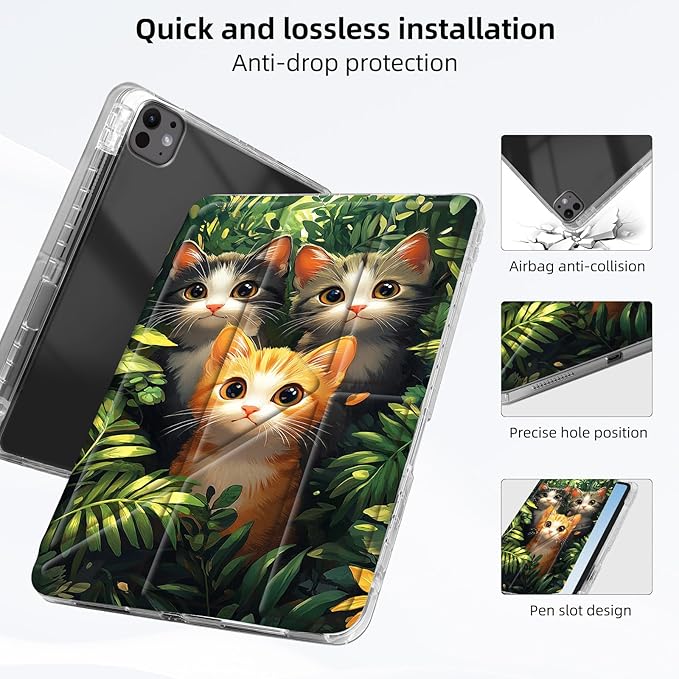 for iPad Pro 11 2024 Case with Pencil Holder Foldable Y-Shaped Protective Cover Stylish Clear Multi-Angle Viewing &amp Auto Sleep/Wake Three Cats Jungle Tablet Case