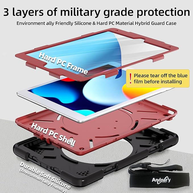 Case for iPad 9th/8th/7th Generation 10.2 inch Shockproof Cover with Screen Protector/360° Rotate Stand/Pencil Holder/Shoulder Strap Kids Case for iPad 2021/2020/2019 (Black+Red)