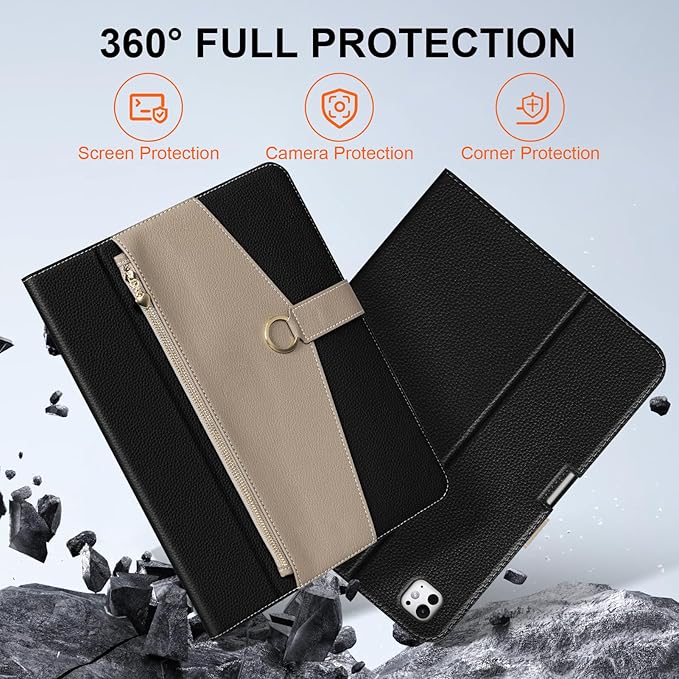 for iPad Pro 13 inch M4 Case 2024 Premium Microfiber Leather Protective Cover with Zipper Pocket Auto Wake/Sleep Multi-Angle Stand Pencil Holder for Model A2925 A2926 A3007 (Black/Grey)