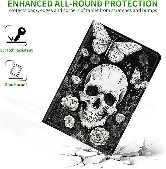 for Amazon Fire HD 10 (9th/7th/5th Generation 2019/2017/2015 Release) Tablet Case Multi-Angle Viewing Shockproof Smart Protective Case for Kindle Fire HD 10.1 Inch Butterfly Skull