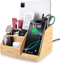 Bamboo Pen Holder with Wireless Charger Desk Organizer with 5 Compartments for Home Office Supplies Compatible with iPhone &amp Samsung Series
