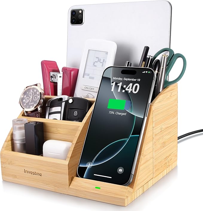 Bamboo Pen Holder with Wireless Charger Desk Organizer with 5 Compartments for Home Office Supplies Compatible with iPhone &amp Samsung Series
