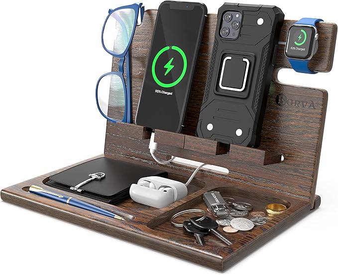 BarvA Two Phone Docking Station | Night Stand Desk Organizer | Wood Nightstand Organizer | Tablet Smart Watch Earbuds Charging Station | Upgraded Dresser Phone Stand | Bed Room Decor Gifts for Men