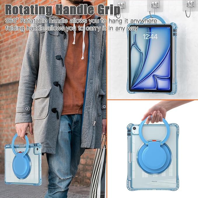 Shockproof Case for iPad Air 11'' (M4 2026/M3 2025/M2 2024)/ iPad Air 10.9'' Air 5th /4th Gen PC Clear Tablet Cases with Rotating Stand for Kids Light Blue