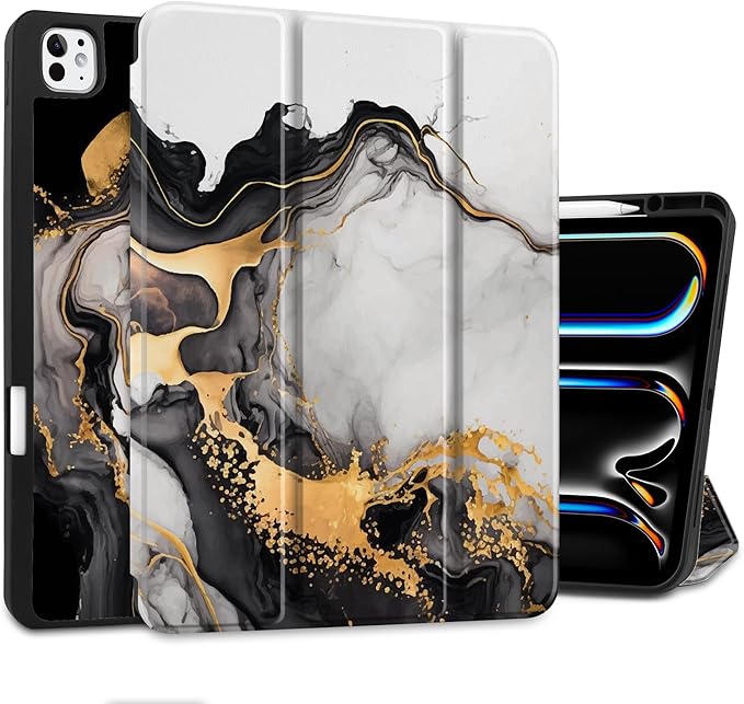DONGKE Case for iPad Pro 13 inch (M5 2025 / M4 2024) – [Built-in Pencil Holder] Ultra Slim PU Leather Trifold Stand Cover with Soft TPU Back Auto Wake/Sleep - Golden Marble