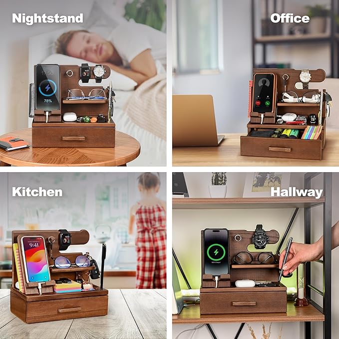 TESLYAR Wood Phone Docking Station with Drawer - Nightstand Organizer - Desk Organizer for Husband - Birthday Gifts for Men Dad Anniversary Idea Key Holder Stand Watch &amp Accessories (Antique Br
