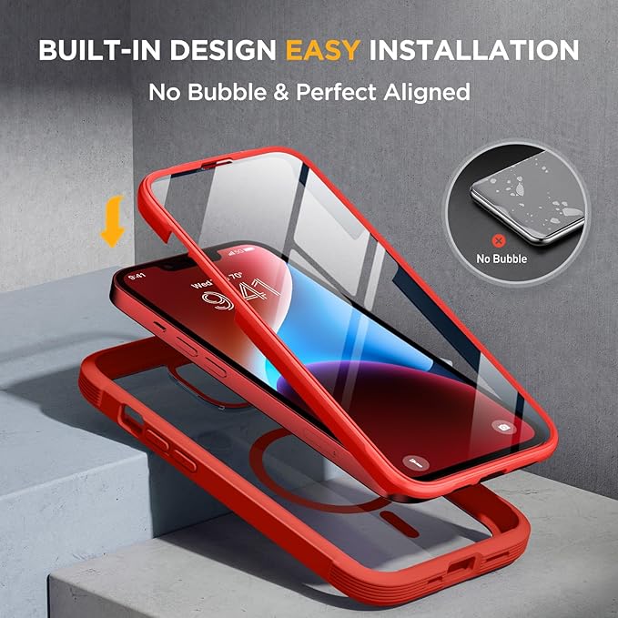 Miracase Glass Series Designed for iPhone 14 Plus Case 6.7 inch 2023 Upgrade Full-Body Magnetic Clear Case with Built-in 9H Tempered Glass Screen ProtectorCompatible with MagSafe Red