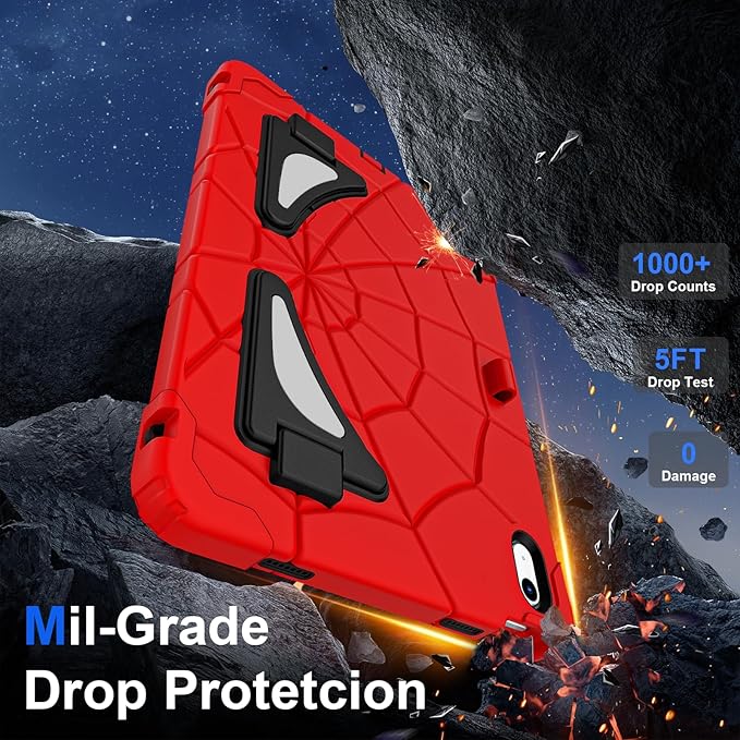 Kids Case for iPad 10th/11th Gen (10.9/11 Inch 2022/2025 A16) – Shockproof 360° Full-Body Protection Cover with Screen Protector Stand &amp Pencil Holder – Boys’ Anti-Drop Design-RED Black