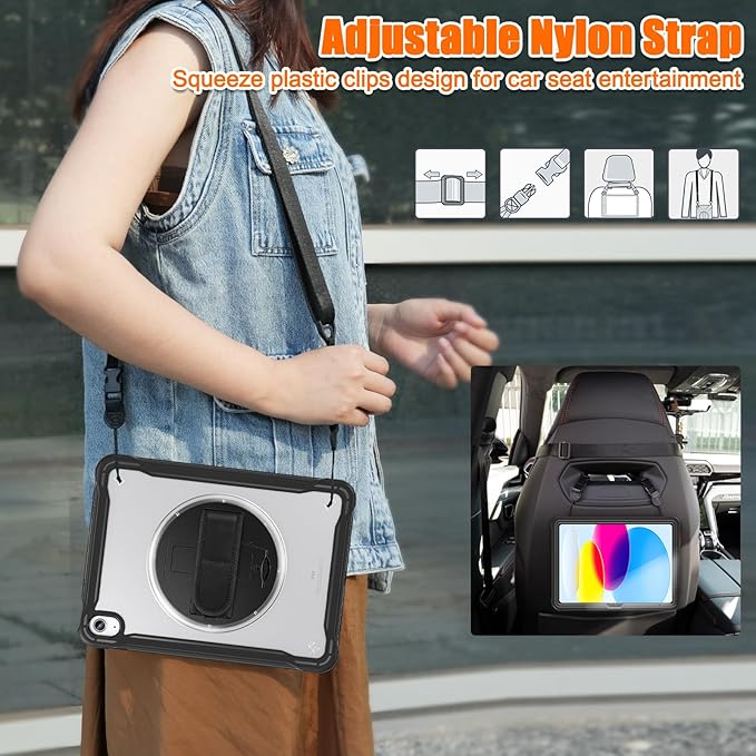 Case for iPad (A16) 11th/10th Generation 2025/2022 11/10.9 inch Rugged Shockproof Protective Cover with Screen Protector 360° Rotating Hand Strap&ampStand Pencil Holder Transparent Black