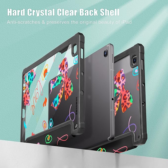 Mektron Case for Samsung Galaxy Tab S6 Lite 10.4 Inch 2024/2022/2020 with S Pen Holder Multi-Angle Viewing with Shockproof Cover Clear Shell + Trifold Stand + Auto Wake/Sleep Neon Bows-Black