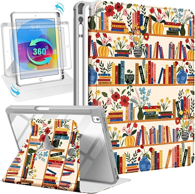 for iPad 9th/8th/7th Generation Case for iPad Air 3rd/ Pro 10.5” Case - 360 Rotating Stand Folio Smart Cover with Pencil Holder for Women Flower Bookshelf for Apple Tablet 7/8/9 Gen 10.2”