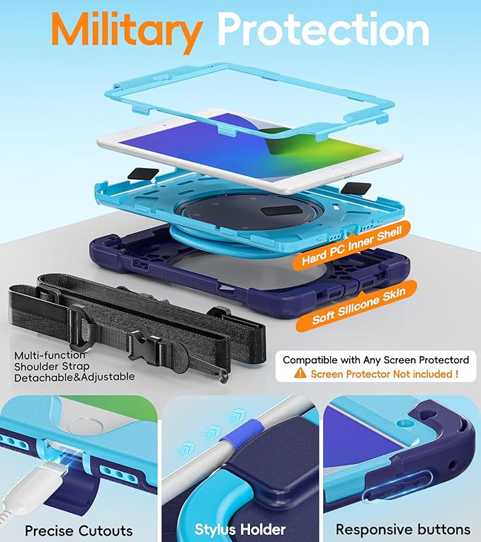 BATYUE for iPad mini 5/4 7.9 Inch Case (2019/2015) Heavy Duty Protective Cover with 360° Kickstand Detachable Shoulder Strap &amp Pencil Holder for Business &amp Bulk Orders - Navy Blue
