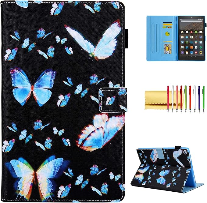 Folio Case for Amazon Fire HD 10 Tablet (5th/7th/9th Generation) Slim Fit Stand Magnetic Soft TPU Back Smart Cover for All-New Fire HD 10 2015/2017/2019 Sleep Mode Blue Butterflies