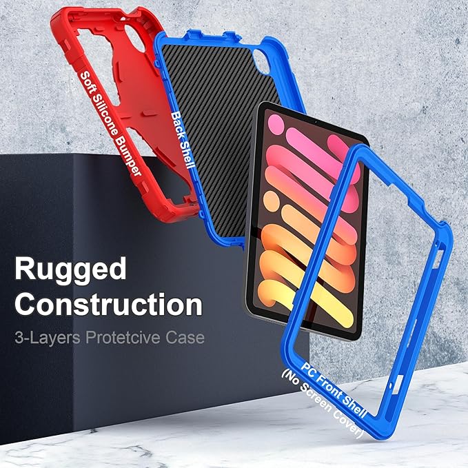 Case for iPad mini 7 (A17 Pro) 2024 iPad mini 6 2021 8.3-Inch Kids Friendly Shockproof Cover with Kickstand Shoulder Strap Pen Holder Support Pencil Pro &amp Pencil USB-C Red Blue