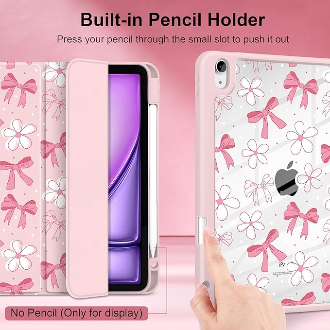 DONGKE Case for iPad Air 11-inch M4 2026 &amp M3 2025 &amp M2 2024 iPad Air 5th/4th Generation 10.9 2022/2020 [Built-in Pencil Holder] Clear Acrylic Back Trifold Stand Smart Cover Bow &amp Dais