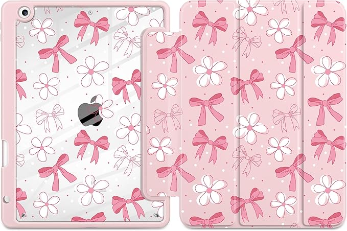 DONGKE for iPad 9th/8th/7th Generation Case 10.2 Inch (2021/2020/2019) [Auto Sleep/Wake &amp Pencil Holder] Clear Acrylic Back Trifold Stand Cover Bow &amp Daisy