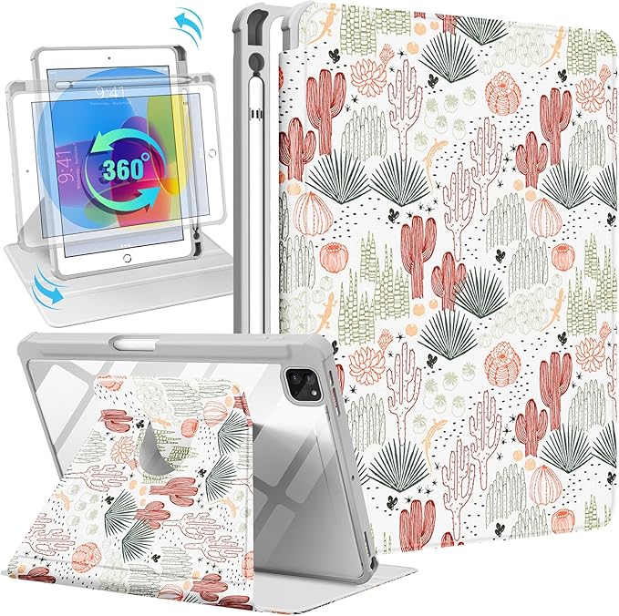 for iPad Air 11 inch Case Air 5th/4th Generation 10.9 Pro 11'' Case Women Girls for Apple Pencil Holder Cute Plants Rotating Folio Cover for iPad Air 11 2024 (M2) 10.9 2022 2020 Pro 11