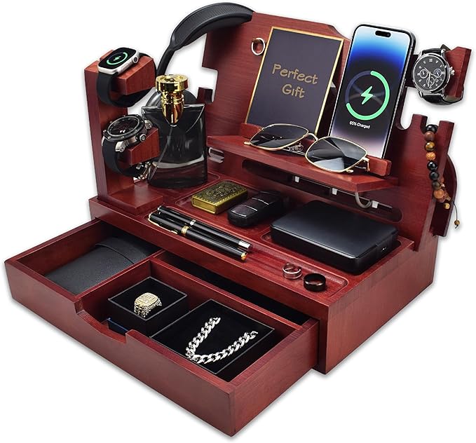 Nightstand Organizer for Men with Large Drawer Wood Phone Docking Station for Phone Apple Watch Wallet &amp Keys Ideal Birthday Gift for Father Husband Bedside Desk Organizer (Mahogany)