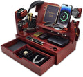 Nightstand Organizer for Men with Large Drawer Wood Phone Docking Station for Phone Apple Watch Wallet &amp Keys Ideal Birthday Gift for Father Husband Bedside Desk Organizer (Mahogany)