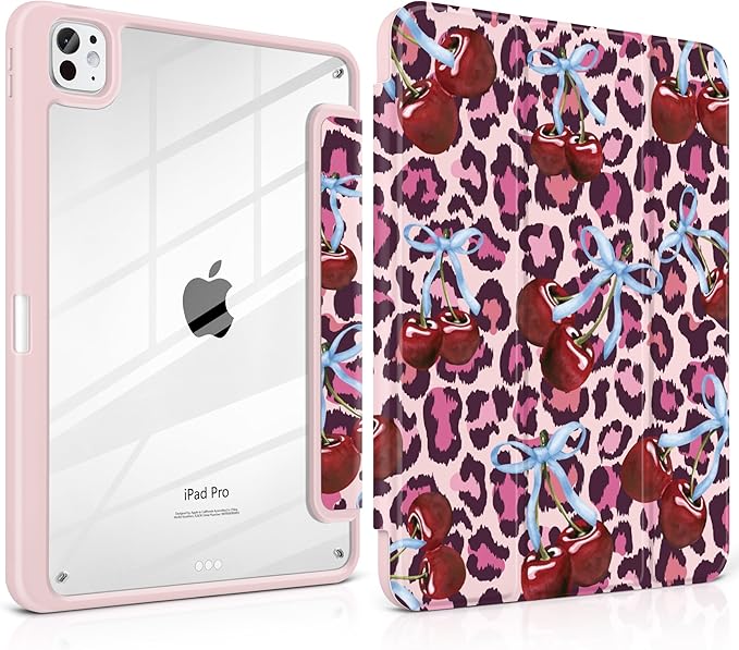 TWOLSKOO Case for iPad Pro 11-inch (M5 2025 / M4 2024) Clear Acrylic Back with TPU Bumper Pencil Holder Trifold Stand Auto Sleep/Wake Bows &amp Cherries