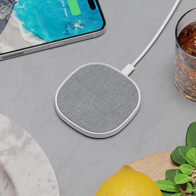 PhoneSuit Novo Wireless Charger Pad | 15 Watt Fast Charger | Linen Style Gray Fabric | for iPhone 16/15/14/13/12/11 Series/Samsung S24 AirPods &amp More