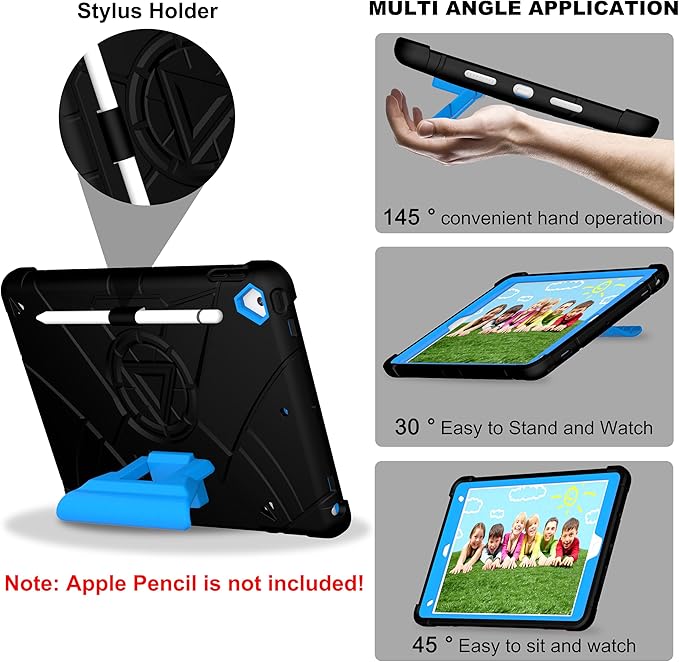 Case for iPad 9th/8th/7th Generation 10.2 inch Heavy Shockproof Cover with Screen Protector/180° Rotating Handle/Bracket/Pen Holder/Shoulder Strap Kids Case for 2021/2020/2019 (D-Black+Blue)