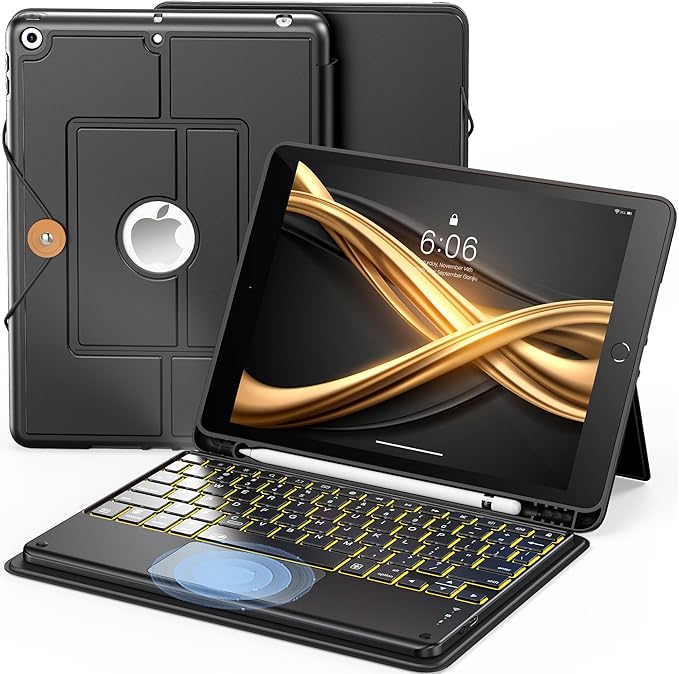 INFILAND Keyboard Case for iPad 9th/8th/7th Generation (10.2 Inch) 7-Color Backlight &amp High Precision Trackpad Slim and Portable Detachable Folder Style Keyboard Case with Pencil HolderBlack