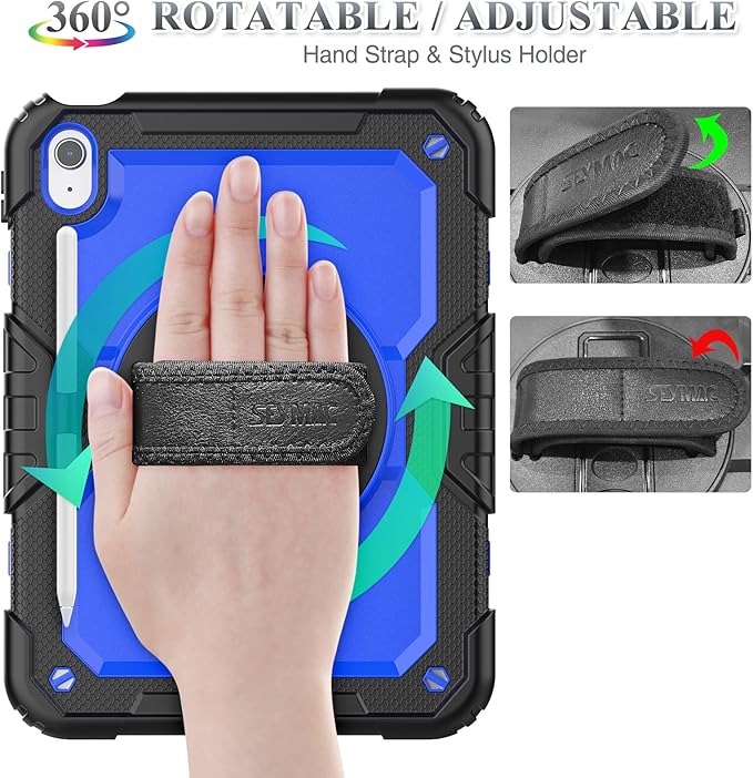 SEYMAC stock Case for iPad (A16) 11th/10th Generation 11''/10.9'' 2025/2022 Full-Body Drop Protection Case with Screen Protector &amp360° Rotate Hand Strap/Stand Blue+Black