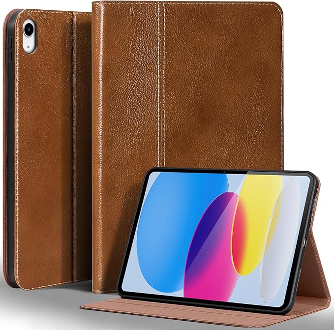 Gexmil Leather Case for iPad (A16) 11th Generation 11 Inch 2025 iPad 10th Generation 10.9 Inch 2022Protective Top Grain Leather Cover Support Auto Sleep/WakeAnti SlipYellow Brown