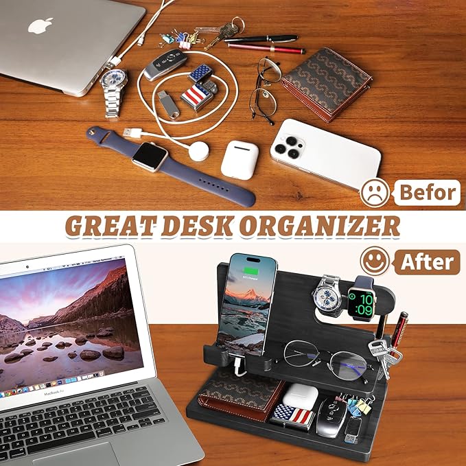 Gifts for Men Wood Phone Docking Station for Men Nightstand Organizer Gifts for Dad Charging Station Cell Phone Stand Desk Organizer Gifts for Husband Boyfriend Brother Son (Black)