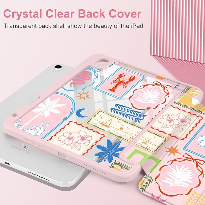 Case for iPad (A16) 11th Generation 11 inch 2025 /iPad 10th Gen 10.9 2022- Cute Patterns Pink Cover with Clear Back Shell Auto Wake Sleep Trifold Stand &amp Pencil Holder Creative Collage