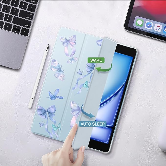 Idocolors Cute Butterfly Bow Pad Case for 10.9 Inch iPad Air 4 2020/iPad Air 5 2022 Clear TPU Smart Stand Back Cover with Pencil Holder Auto Wake/Sleep Foldable Shockproof Protective Case