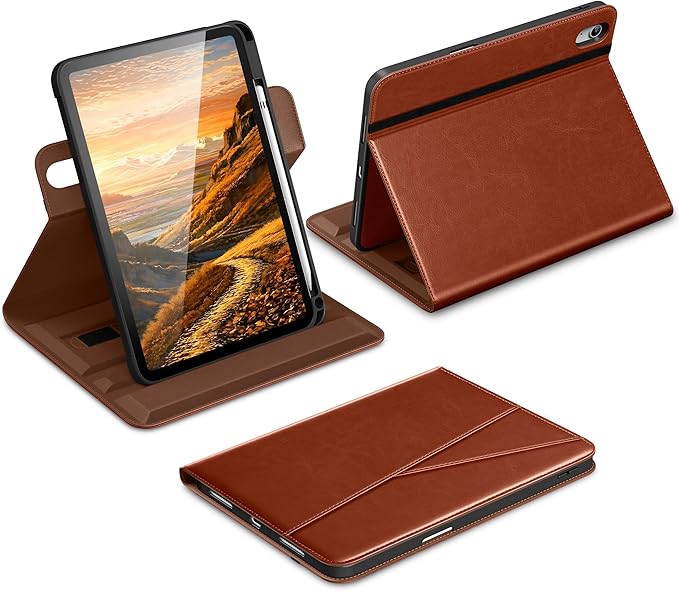 DTTO for iPad A16 Case iPad 11th / 10th Generation Case (2025/2022) 360 Degree Rotating Premium Leather Folio Stand Cover with Pencil Holder Brown