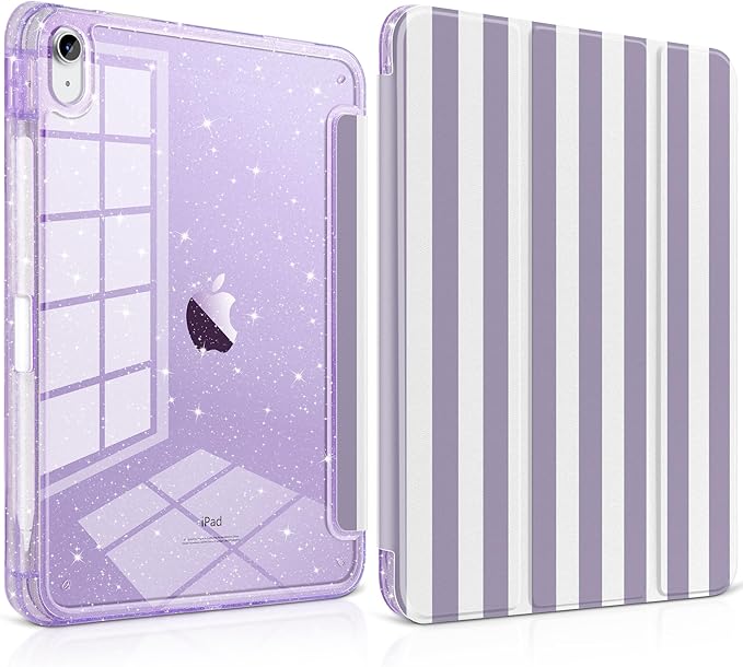 TWOLSKOO Sparkly Case for iPad Pro 11 inch (M5 2025 / M4 2024) Glitter Hard Acrylic Back with Pencil Holder Slim Trifold Stand Folio Cover Auto Sleep/Wake Purple Stripes