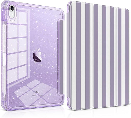 TWOLSKOO Sparkly Case for iPad Pro 11 inch (M5 2025 / M4 2024) Glitter Hard Acrylic Back with Pencil Holder Slim Trifold Stand Folio Cover Auto Sleep/Wake Purple Stripes