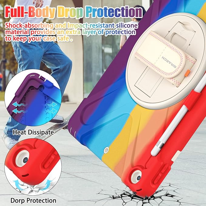 BRAECNstock Kids Case for Apple iPad 9th/ 8th/ 7th Generation 10.2 Shockproof Protective with Screen Protector Pen Holder 360° Rotating Stand+Hand Strap Shoulder Strap Colorful Red