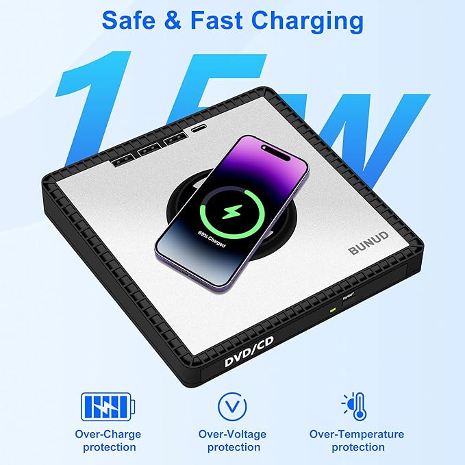 BUNUD External DVD Drive with Wireless-Charger: USB CD Burner &amp 15W Fast Charging for iPhone 17 16 15 14 13 12 Series - External DVD Player for Laptop Mac Apple Windows with SD/TF/3 USB Ports