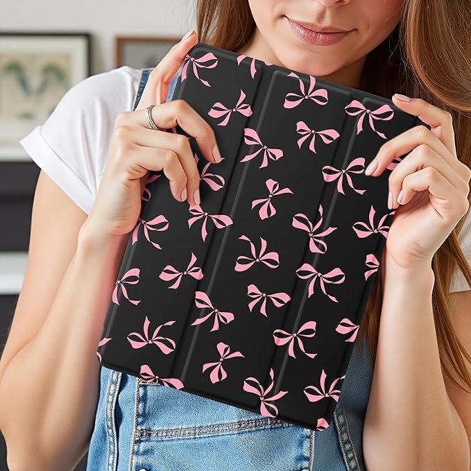 Idocolors Cute Pink Bow Case for 10.2 iPad 7th/8th/9th Generation Tri-Fold Tablet Case with Auto Wake/Sleep &amp Pencil Holder - Vibrant Protective Cover for Women Girls and Teens (Black)