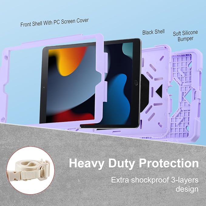 Case for iPad 9th Generation (2021) /iPad 8th Gen (2020)/iPad 7th Gen (2019) Military Grade Shockproof iPad Case Built-in 360°Rotating Stand/Pen Slot/Shoulder Strap for iPad 10.2 (Light Purple)